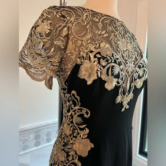 Marchesa Notte Mermaid Black Stretch Crepe and Gold Lace Embroidered Ball Gown 8 - Picture 4 of 16